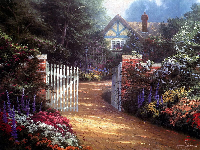 Welcome My Dear Friends, fence, house, walkway, friendship, painting, flowers, garden, bonito, HD wallpaper