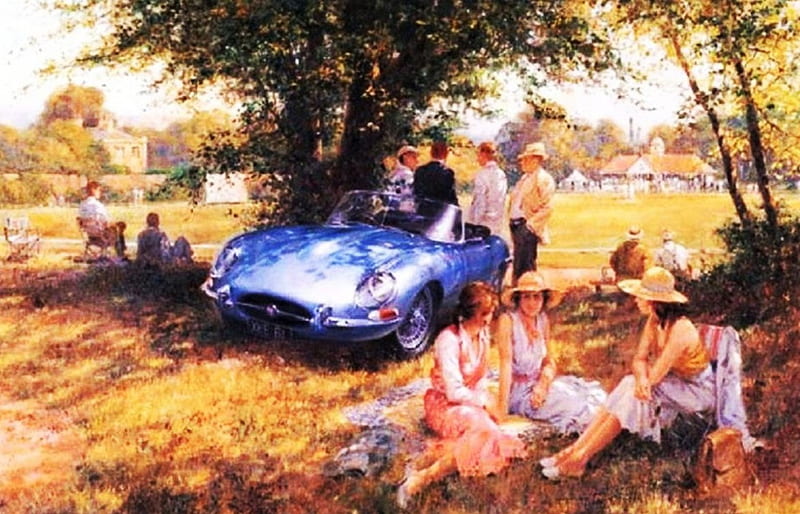 Classic Car, oldtimer, house, woman, artwork, field, landscape, HD wallpaper