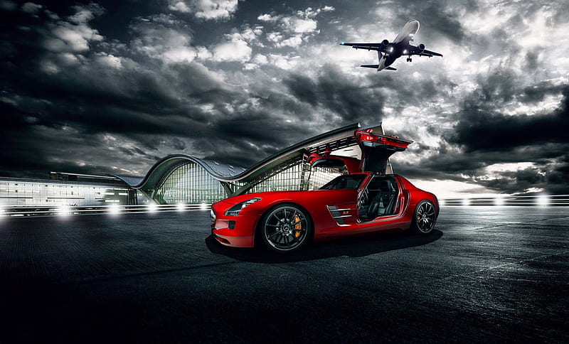 red mercedes sls parked in an airport, red, plane, roof, parking, car, airport, doors, HD wallpaper