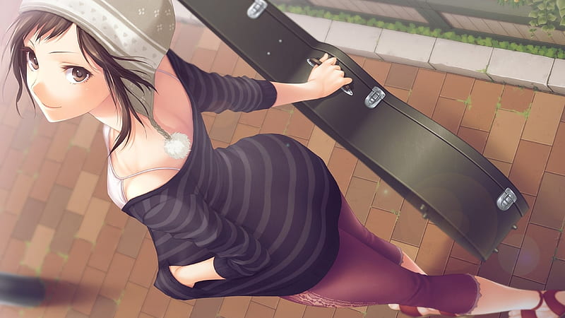 woman in black and red stripe long sleeve shirt holding guitar, soft shading, anime, anime girls, guitar, original characters, striped clothing, beanie, f-cla, brown eyes, brunette, dress, high angle, looking up, looking at viewer, rear view, HD wallpaper