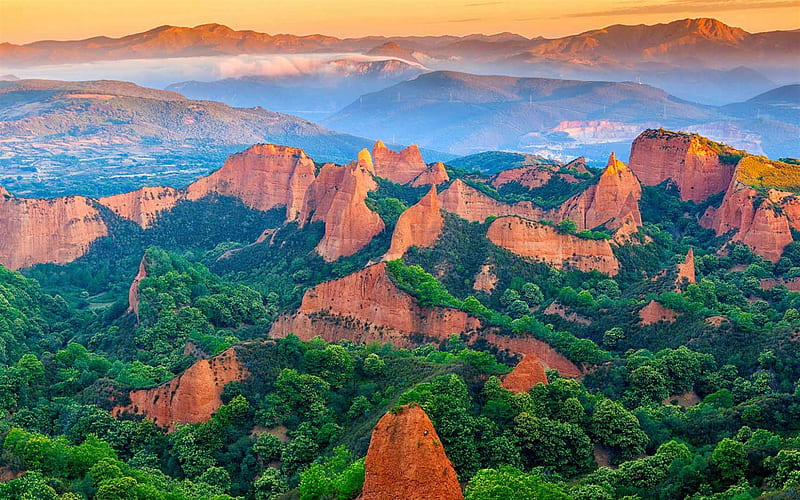 Las Medoulas, gold-mining site, rocks, sunset, evening, mountain landscape, Province of Leon, Castile and Leon, Spain, El Bierzo, HD wallpaper