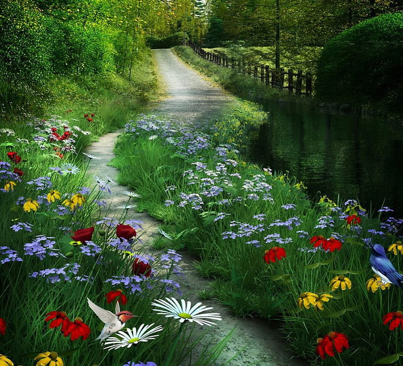 Path to Paradise, painting, flowers, blossoms, colors, artwork, HD wallpaper