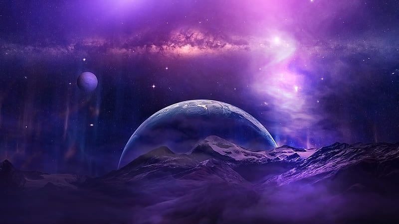 Sci Fi, Space, Galaxy, Moon, Mountain, Night, Planet, Purple, Sky, Stars, HD wallpaper