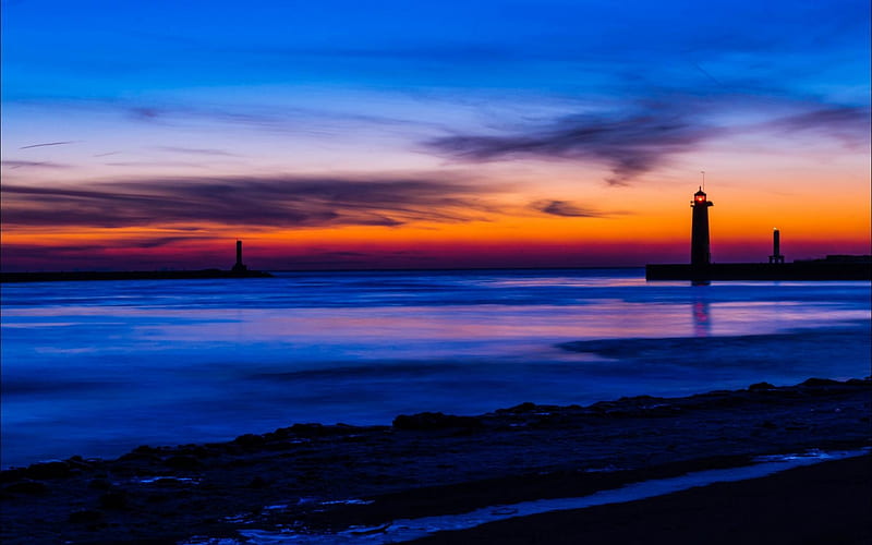 Michigan Lake Beach Lighthouse, orange, sunset, michigan, sky, clouds, lake, lighthouse, beach, nature, blue, night, HD wallpaper