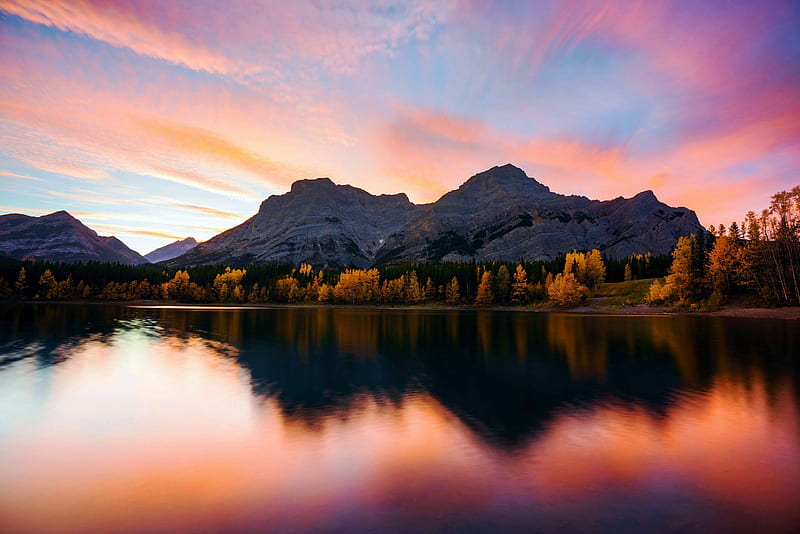 Cotton Candy Sunset and Golden Trees in Kananaskis, Alberta, lake, canada, mountains, colors, reflections, sky, HD wallpaper