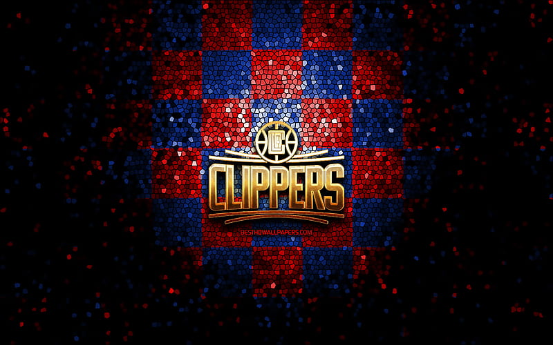 Los Angeles Clippers, glitter logo, NBA, red blue checkered background, USA, canadian basketball team, Los Angeles Clippers logo, mosaic art, basketball, America, LA Clippers, HD wallpaper