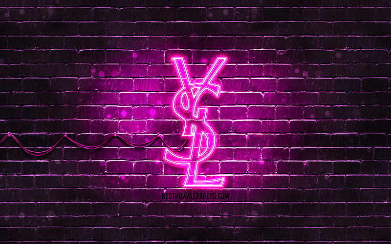 Yves Saint Laurent purple logo purple brickwall, Yves Saint Laurent logo, fashion brands, Yves Saint Laurent neon logo, Yves Saint Laurent, HD wallpaper