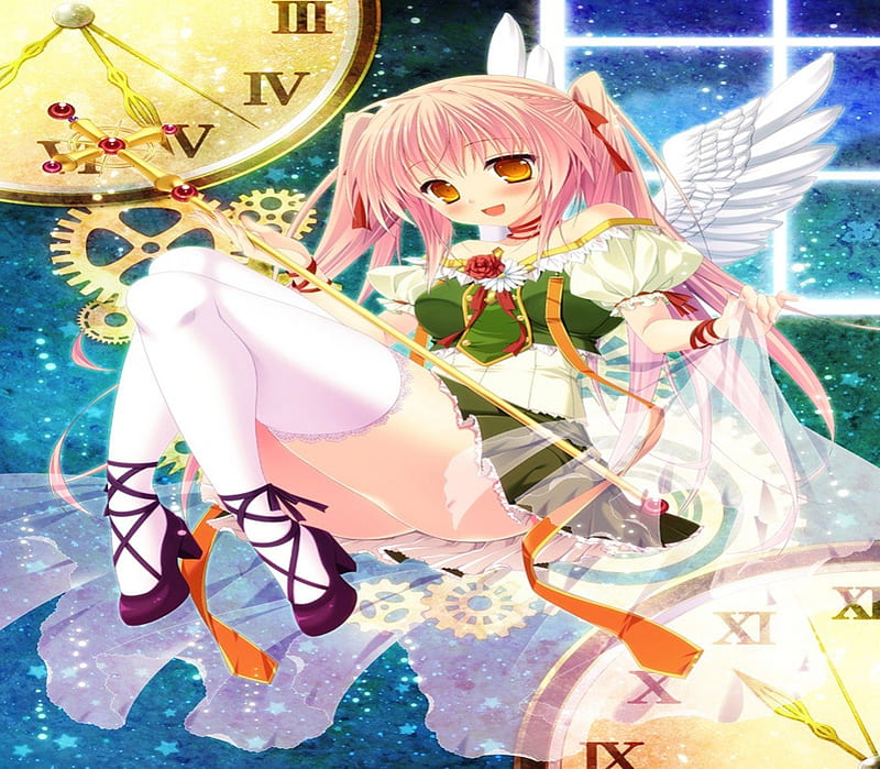 Angel Magic Time, staff, blush, magic, hot, wings, time, angel, ribbon, sexy, twin tails, happy, cute, time watch, cool, pink hair, thighhigs, HD wallpaper