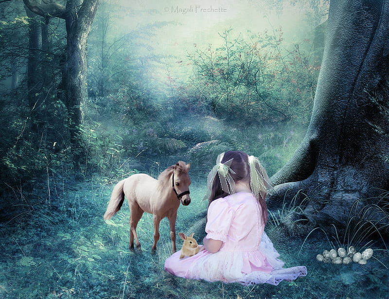 take care, forest, green, girl, horse, pink, HD wallpaper