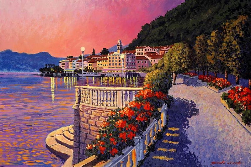 Bellagio, Lake Como, water, town, flowers, path, sunset, artwork, HD wallpaper