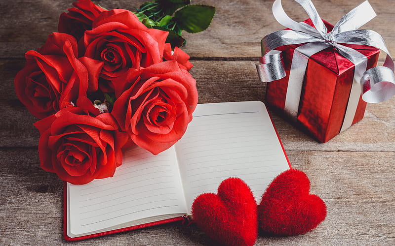 red roses, notepad, red hearts, gift, Valentines Day, February 14, buying gifts, romantic holiday, HD wallpaper