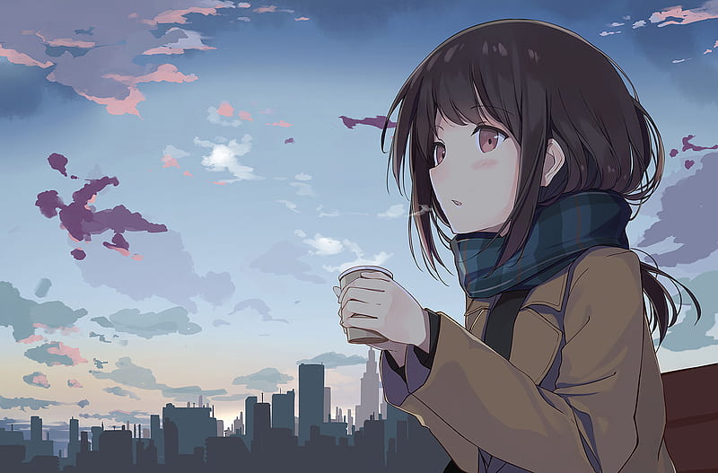Anime Girl Holding Tea Outside, anime-girl, anime, HD wallpaper