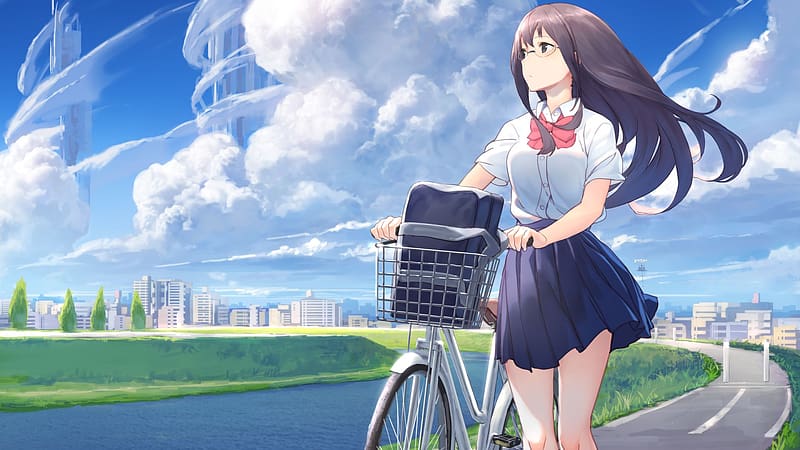 Anime, City, Cloud, Bicycle, Glasses, River, Original, School Uniform, Long Hair, HD wallpaper