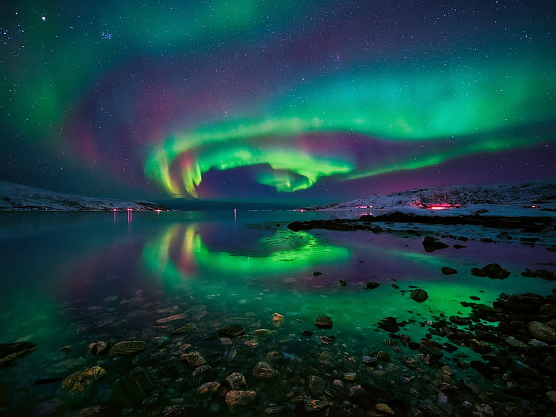 Aurora Borealis, stars, rocks, aurora, sky, lake, lights, nature, reflection, night, HD wallpaper