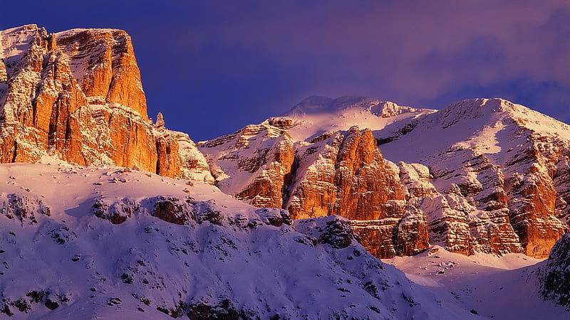 Gruppo del Sella, mountain, sunrise, snow, winter, HD wallpaper