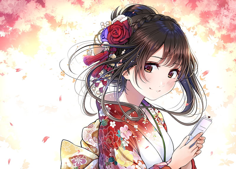 anime girl, kimono, brown hair, braid, cute, Anime, HD wallpaper