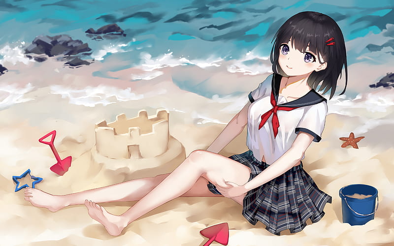 Anime, Original, Barefoot, beach, Black Hair, Feet, Girl, Sand, Sand Castle, Short Hair, Uniform, HD wallpaper