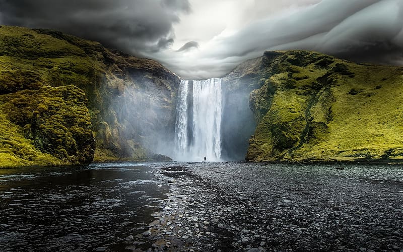 Waterfalls, Waterfall, , Hill, Cloud, Iceland, Skógafoss, HD wallpaper