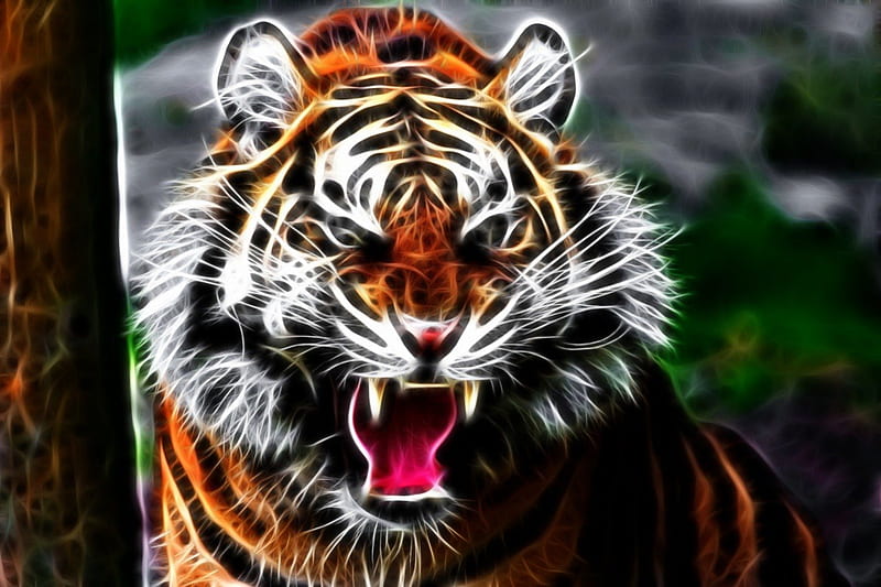 3d tiger, tiger, big, cats, teeth, HD wallpaper