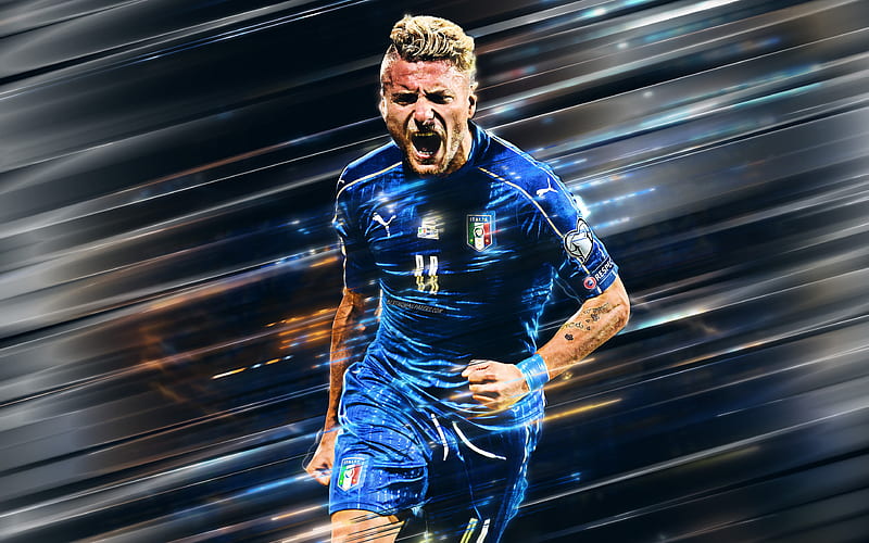 Ciro Immobile creative art, blades style, striker, Italy national football team, Italian footballer, Italy, blue background, football, Immobile, HD wallpaper