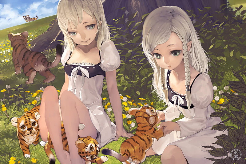 twin cute, pretty, dress, tiger, bonito, silver, illustration, leafs, arts, twin, anime, flowers, twins, forest, cute, tree, cool, funny, cubs, white, HD wallpaper