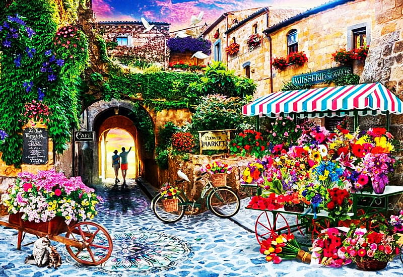 Flower Market, colors, flowers, people, town, painting, HD wallpaper