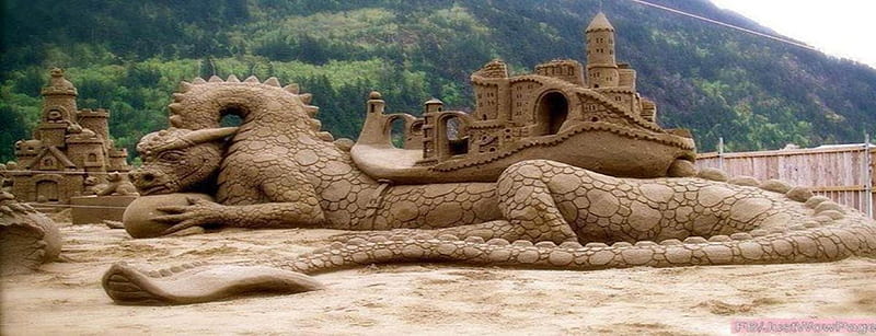 sand castle 2, castles, beach, trees, dragon, hill, HD wallpaper