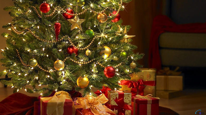 Christmas Tree, bulbs, twigs, glitter, packages, lights, gifts, HD wallpaper