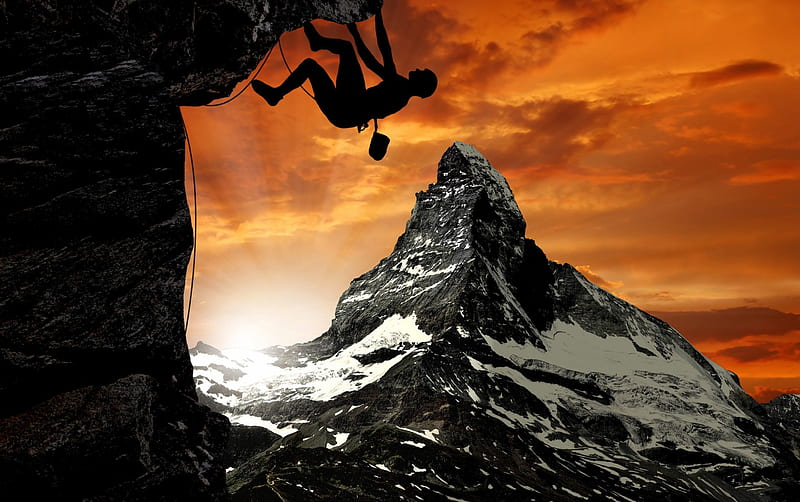 The climber, mountain, orange, climber, black, silhouette, HD wallpaper