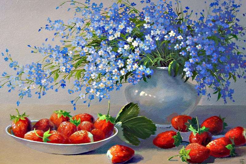 FORGET-ME-KNOTS, BLUE, STRAWBERRIES, STILL, FLOWERS, LIFE, FORGET ME KNOTS, HD wallpaper