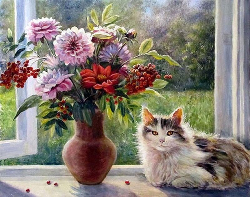 Vorobyov Olga. Mild early autumn sun, art, window, painting, flower, cat, animal, vorobyov olga, HD wallpaper