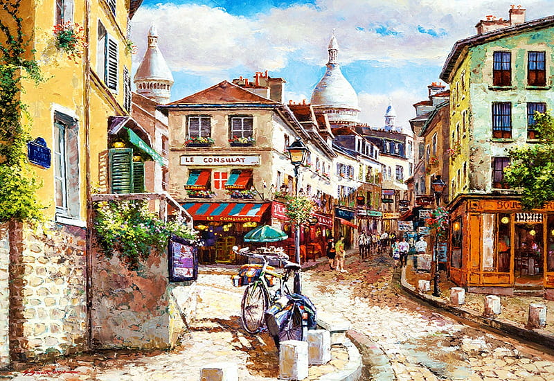 Montmartre, Sacre Coeur, Paris, street, bicycle, houses, france, painting, HD wallpaper