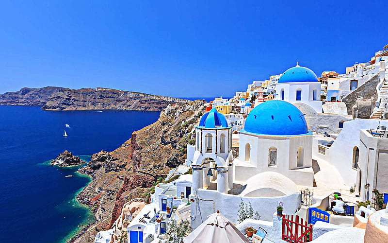 Santorini, Thira, Aegean Sea, morning, sunrise, romantic city, white houses, Mediterranean Sea, Greece, HD wallpaper