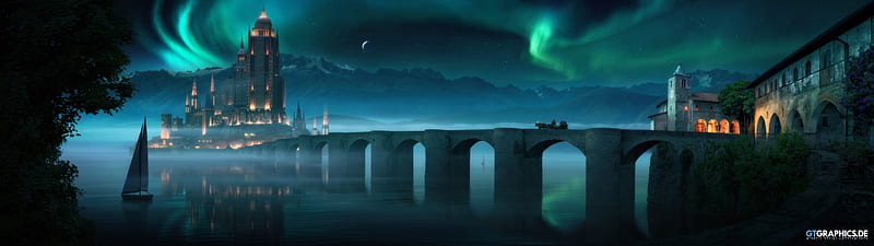 Path of revelation, moon, fantasy, luminos, green, bridge, aurora, tobias roetsch, blue, moon, HD wallpaper