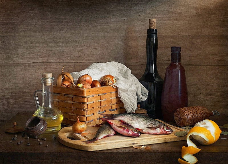 Still life, table, life, fish, wine, basket, still, oliva, limon, HD wallpaper