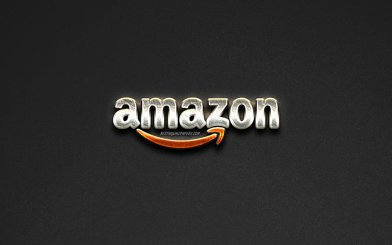 Amazon logo, steel logo, brands, gray stone background, creative art, Amazon, emblems, HD wallpaper