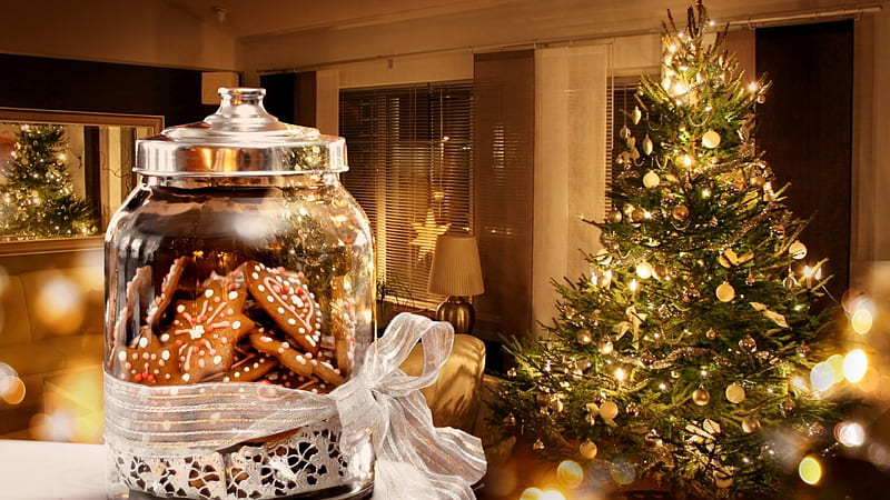 Wonderful Christmas, ornaments, cookie jar, christmas, holiday, celebration, ribbon, lights, cookies, tree, HD wallpaper