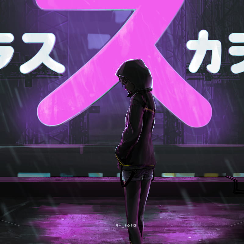 anime, anime girls, cyberpunk, rain, standing, HD phone wallpaper