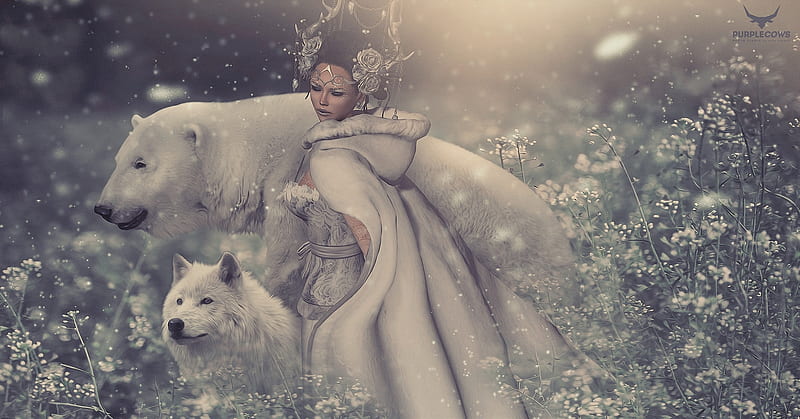 Beauty and the beasts, fantasy, luminos, girl, lup, rendering, wolf, skip staheli, white, HD wallpaper