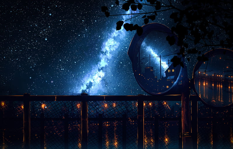 anime night, mirror, starry sky, reflection, scenic, fence, Anime, HD wallpaper