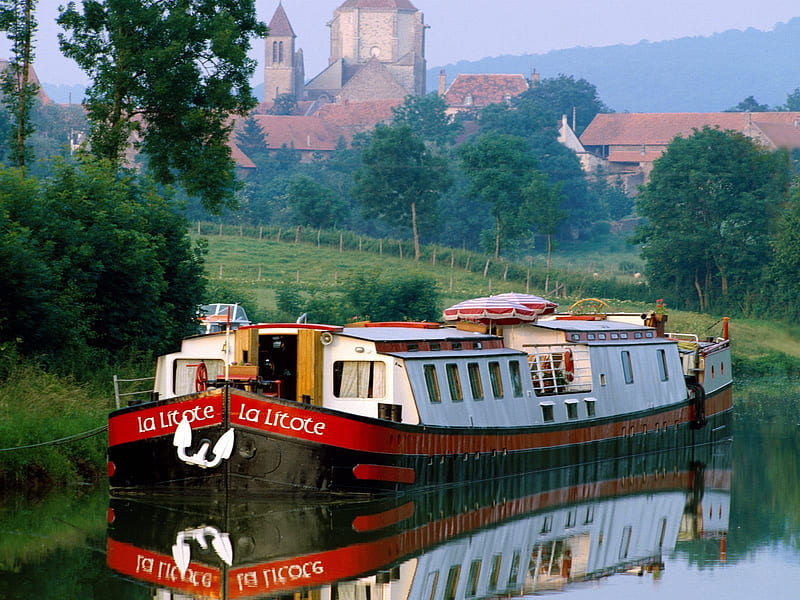 River barge on the Cote D'Or, cote d-or, boat, france, barge, river, HD wallpaper