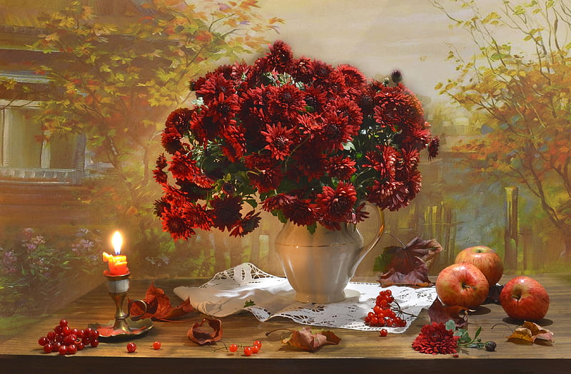 Still life, Fruits, Flowers, Autumn, Candle, HD wallpaper