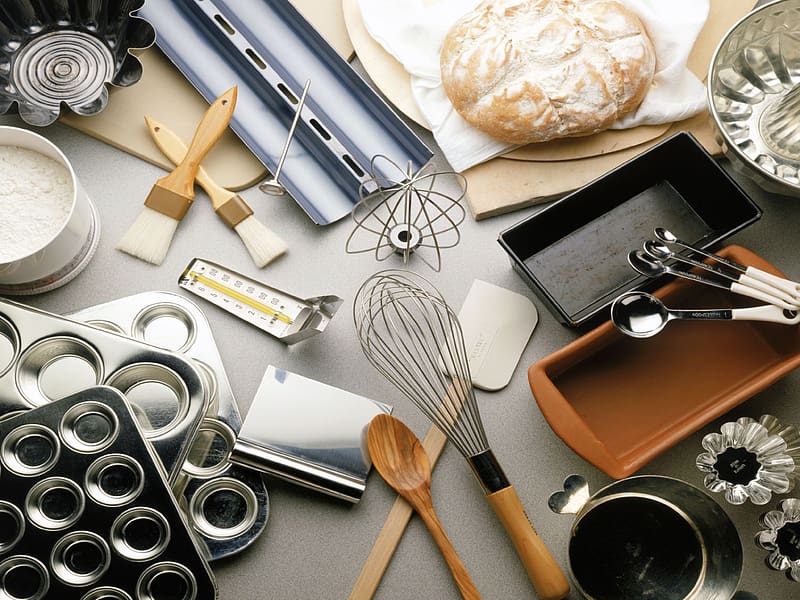 Baking things, abstract, kitchen, bread, trays, baking, graphy, utensils, spoons, egg beaters, kitchenalia, HD wallpaper