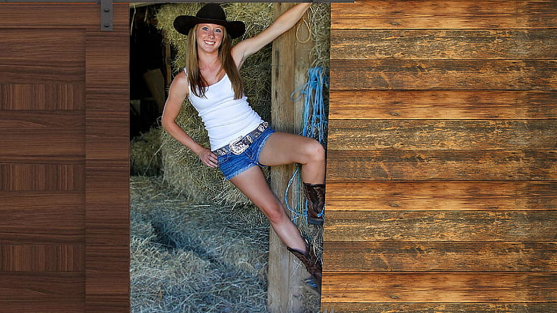 Hanging Out . ., hats, female, models, boots, cowgirl, ranch, fun, hay, door, women, barn, brunettes, style, western, HD wallpaper