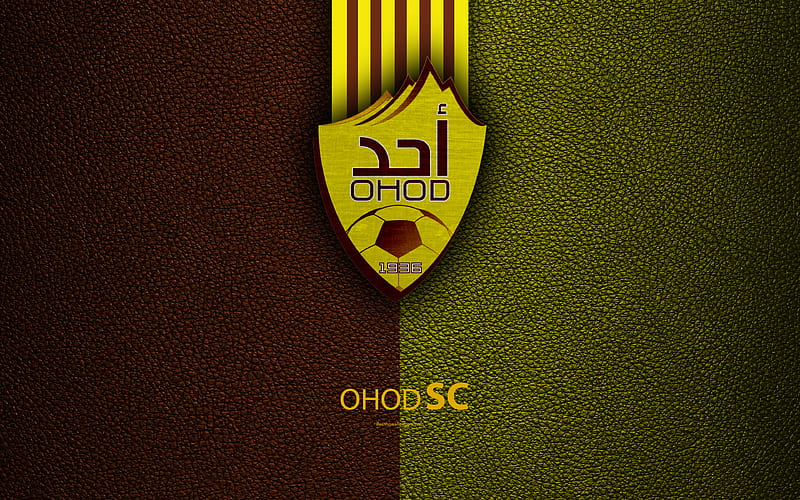 Ohod Club Saudi Football Club, leather texture, logo, yellow-brown lines, Saudi Professional League, Medina, Saudi Arabia, football, Ohod FC, HD wallpaper