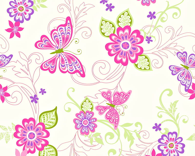 Texture, pattern, butterfly, green, flower, paper, white, pink, HD wallpaper