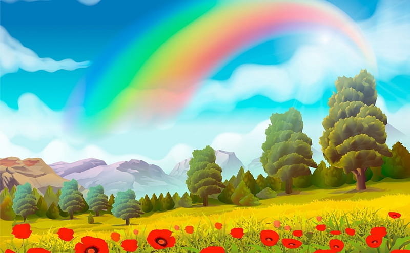 Rainbow, red, poppy, art, cloud, yellow, sky, tree, green, flower, landscape, blue, vector, HD wallpaper