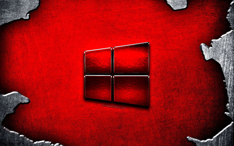 Windows 10, red metal logo, Microsoft, red metal background, creative, Windows 10 logo, HD wallpaper