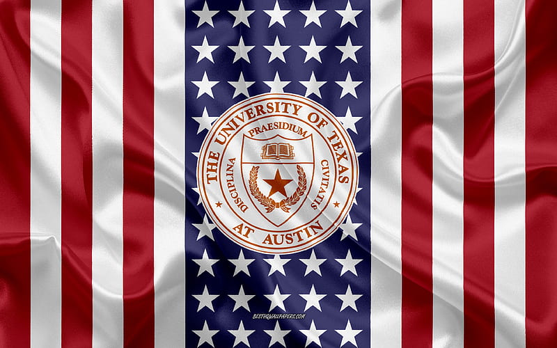 University of Texas at Austin Emblem, American Flag, University of Texas at Austin logo, Austin, Texas, USA, University of Texas at Austin, HD wallpaper