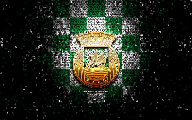 Rio Ave FC, glitter logo, Primeira Liga, green white checkered background, soccer, portuguese football club, Rio Ave logo, mosaic art, football, Rio Ave, HD wallpaper
